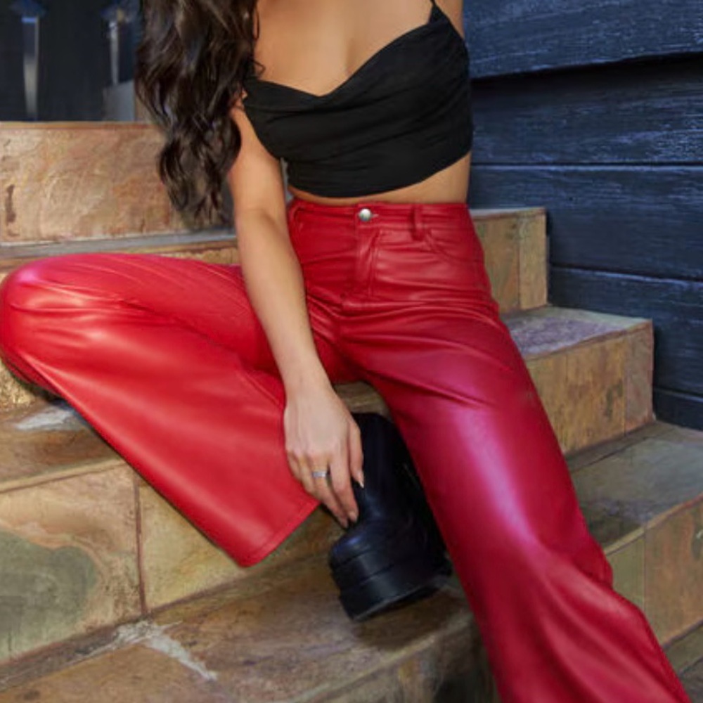 Metrostyle Vibrant Red Real Leather Streetwear Bootcut Pants (A)